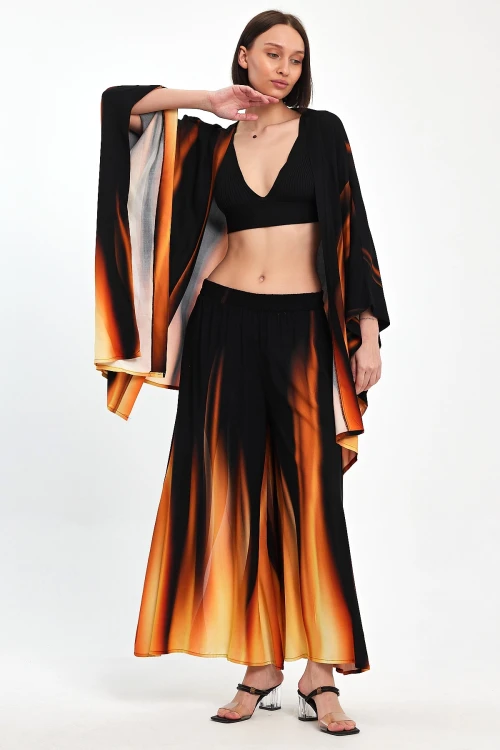 Maxi Boy Turuncu Degrade Desenli Pantolon Ve Kimono Dokuma Alt Üst Takım BCVL-24975