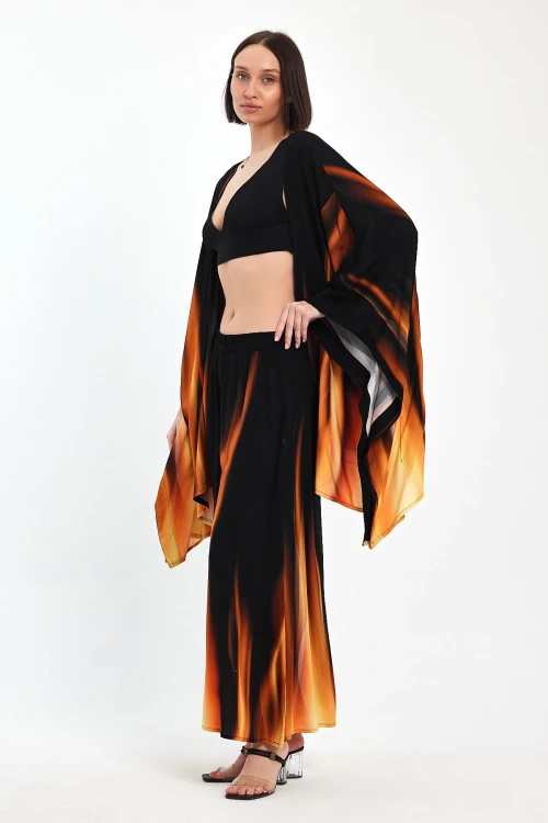 Maxi Boy Turuncu Degrade Desenli Pantolon Ve Kimono Dokuma Alt Üst Takım BCVL-24975