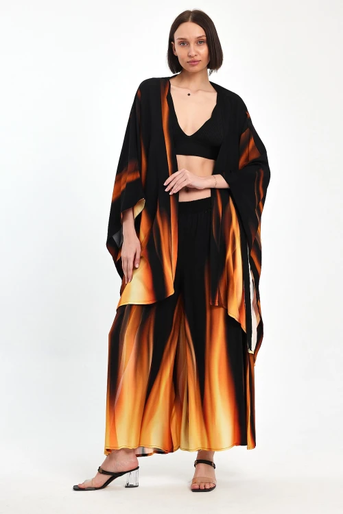 Maxi Boy Turuncu Degrade Desenli Pantolon Ve Kimono Dokuma Alt Üst Takım BCVL-24975