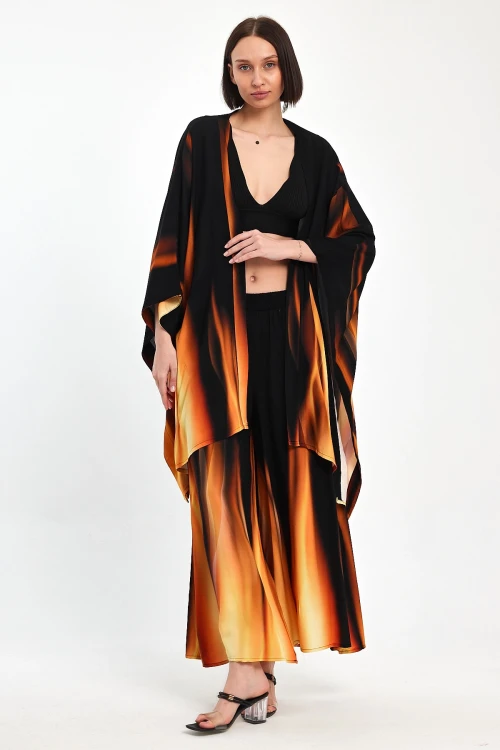 Maxi Boy Turuncu Degrade Desenli Pantolon Ve Kimono Dokuma Alt Üst Takım BCVL-24975