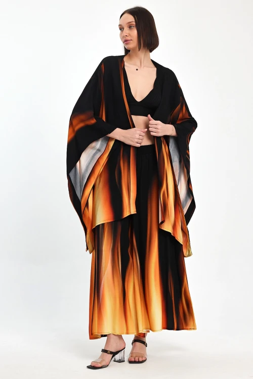 Maxi Boy Turuncu Degrade Desenli Pantolon Ve Kimono Dokuma Alt Üst Takım BCVL-24975