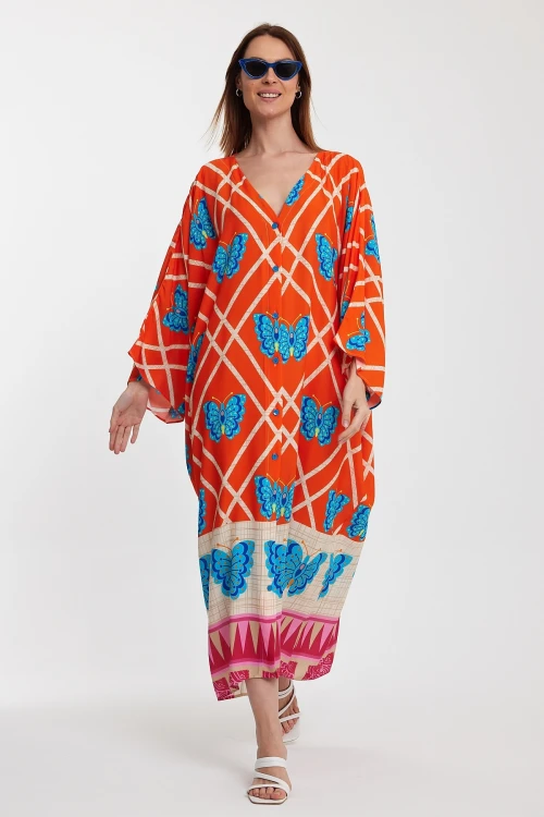 Turuncu V Yaka Çiçek Desenli Uzun Boy Dokuma Gömlek Elbise