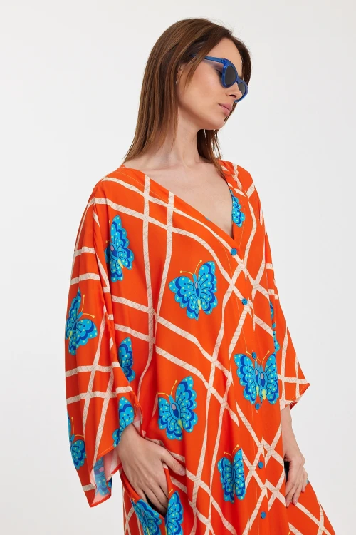 Turuncu V Yaka Çiçek Desenli Uzun Boy Dokuma Gömlek Elbise