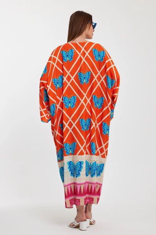 Turuncu V Yaka Çiçek Desenli Uzun Boy Dokuma Gömlek Elbise