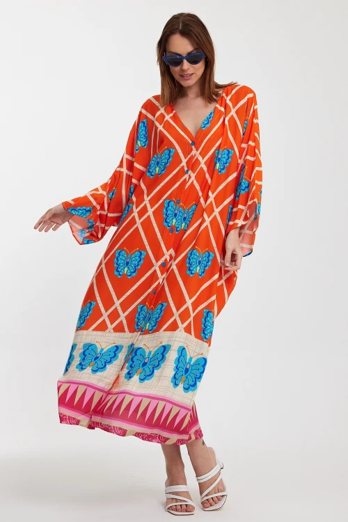 Turuncu V Yaka Çiçek Desenli Uzun Boy Dokuma Gömlek Elbise