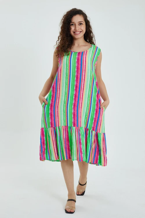 Maxi Boy Yeşil Bisiklet Yaka Desenli Eteği Volanlı Sıfır Kol Elbise BCVL-24968