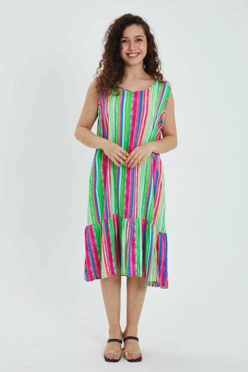 Maxi Boy Yeşil Bisiklet Yaka Desenli Eteği Volanlı Sıfır Kol Elbise BCVL-24968