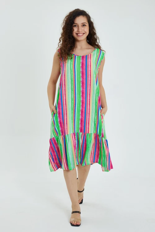 Maxi Boy Yeşil Bisiklet Yaka Desenli Eteği Volanlı Sıfır Kol Elbise BCVL-24968