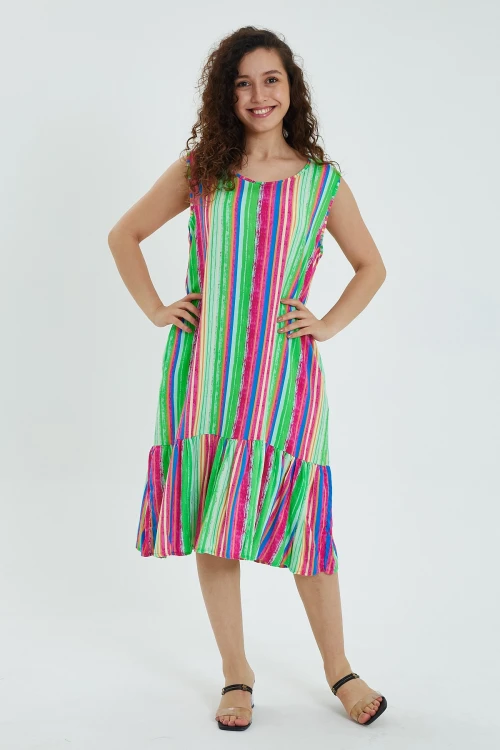 Maxi Boy Yeşil Bisiklet Yaka Desenli Eteği Volanlı Sıfır Kol Elbise BCVL-24968