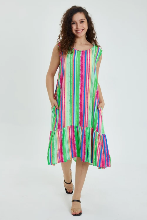 Maxi Boy Yeşil Bisiklet Yaka Desenli Eteği Volanlı Sıfır Kol Elbise BCVL-24968