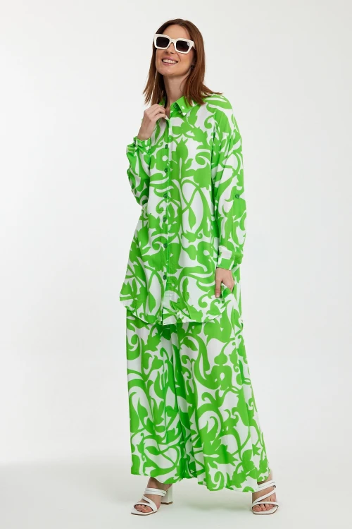 Maxi Boy Yeşil Çiçek Desenli Gömlek Ve Pantolon Dokuma Alt Üst Takım BCVL-248223