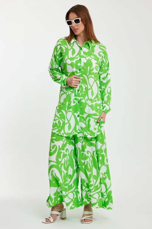 Maxi Boy Yeşil Çiçek Desenli Gömlek Ve Pantolon Dokuma Alt Üst Takım BCVL-248223