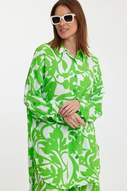 Maxi Boy Yeşil Çiçek Desenli Gömlek Ve Pantolon Dokuma Alt Üst Takım BCVL-248223