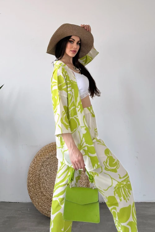 Yeşil Desenli Krinkle Kumaş Pantolon Ve Kimono Alt Üst Takım BCDF-241201