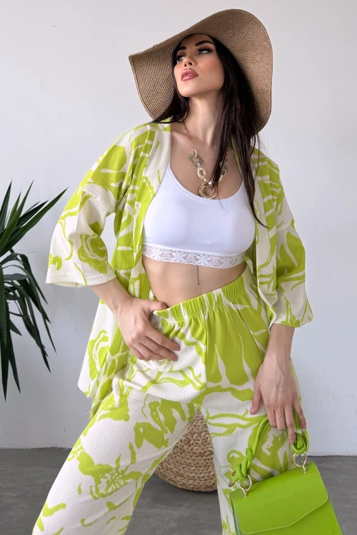 Yeşil Desenli Krinkle Kumaş Pantolon Ve Kimono Alt Üst Takım BCDF-241201