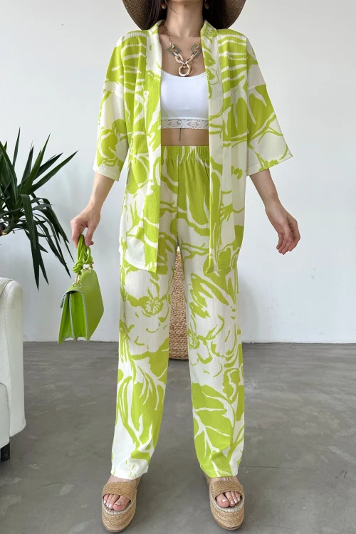 Yeşil Desenli Krinkle Kumaş Pantolon Ve Kimono Alt Üst Takım BCDF-241201