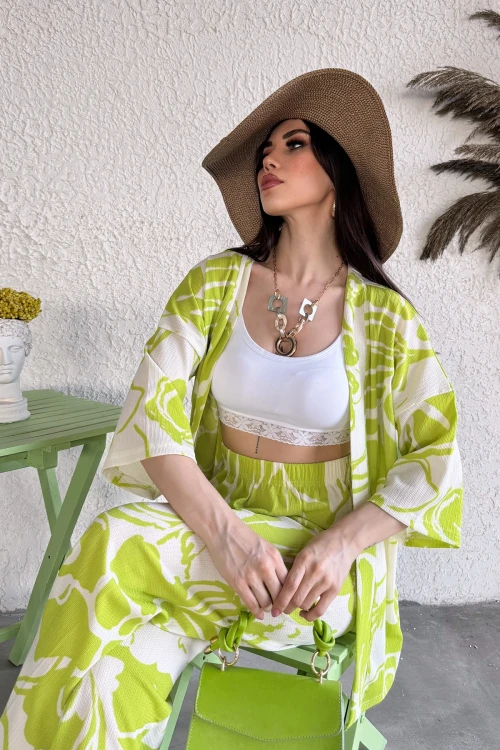 Yeşil Desenli Krinkle Kumaş Pantolon Ve Kimono Alt Üst Takım BCDF-241201