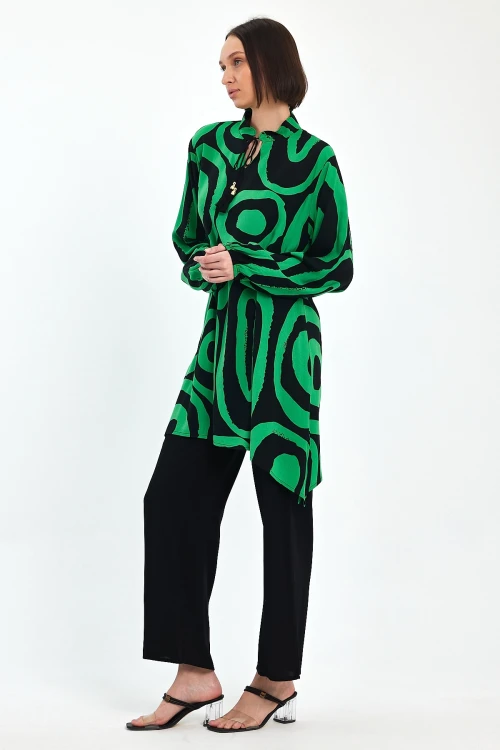 Maxi Boy Yeşil Geometrik Desenli Pantolon Ve Uzun Tunik Alt Üst Takım BCVL-241017