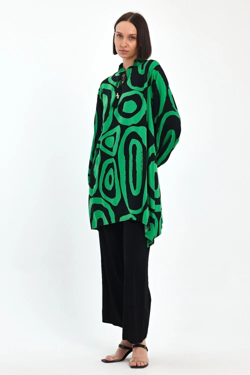 Maxi Boy Yeşil Geometrik Desenli Pantolon Ve Uzun Tunik Alt Üst Takım BCVL-241017