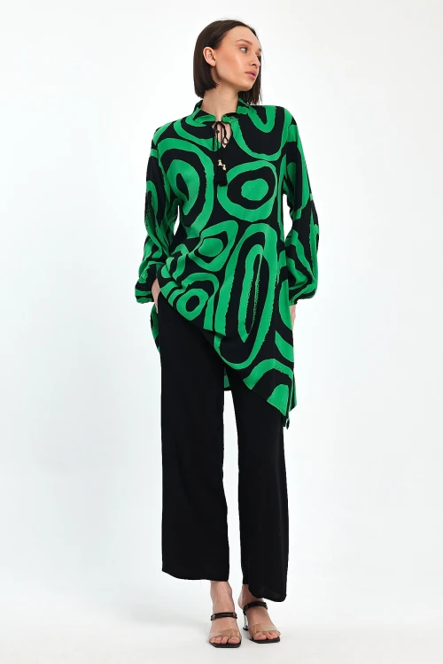 Maxi Boy Yeşil Geometrik Desenli Pantolon Ve Uzun Tunik Alt Üst Takım BCVL-241017