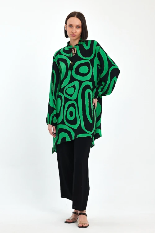 Maxi Boy Yeşil Geometrik Desenli Pantolon Ve Uzun Tunik Alt Üst Takım BCVL-241017