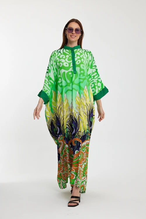 Maxi Boy Yeşil Hakim Yaka Düğme Detaylı Desenli Uzun Boy Dokuma Elbise BCVL-241037