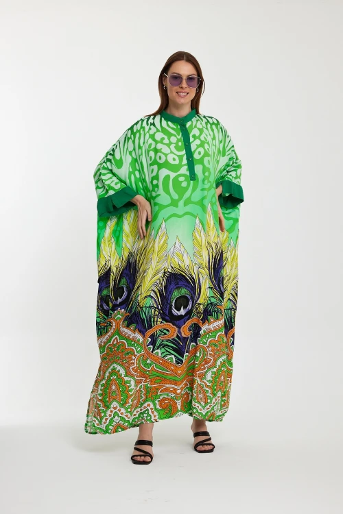 Maxi Boy Yeşil Hakim Yaka Düğme Detaylı Desenli Uzun Boy Dokuma Elbise BCVL-241037