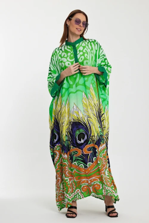 Maxi Boy Yeşil Hakim Yaka Düğme Detaylı Desenli Uzun Boy Dokuma Elbise BCVL-241037