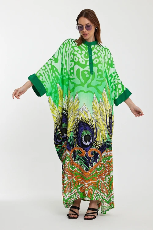 Maxi Boy Yeşil Hakim Yaka Düğme Detaylı Desenli Uzun Boy Dokuma Elbise BCVL-241037