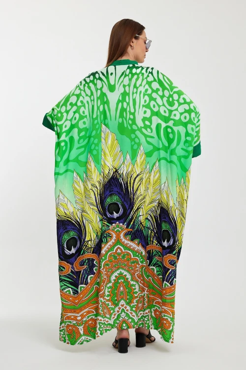 Maxi Boy Yeşil Hakim Yaka Düğme Detaylı Desenli Uzun Boy Dokuma Elbise BCVL-241037