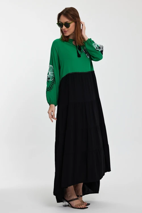 Maxi Boy Yeşil Hakim Yaka Nakış İşlemeli Renk Bloklu Uzun Boy Gömlek Elbise BCVL-24996