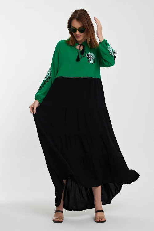 Maxi Boy Yeşil Hakim Yaka Nakış İşlemeli Renk Bloklu Uzun Boy Gömlek Elbise BCVL-24996