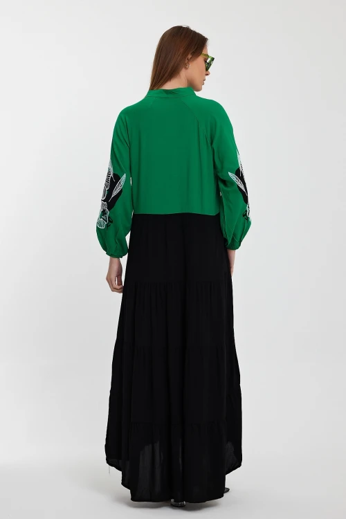 Maxi Boy Yeşil Hakim Yaka Nakış İşlemeli Renk Bloklu Uzun Boy Gömlek Elbise BCVL-24996