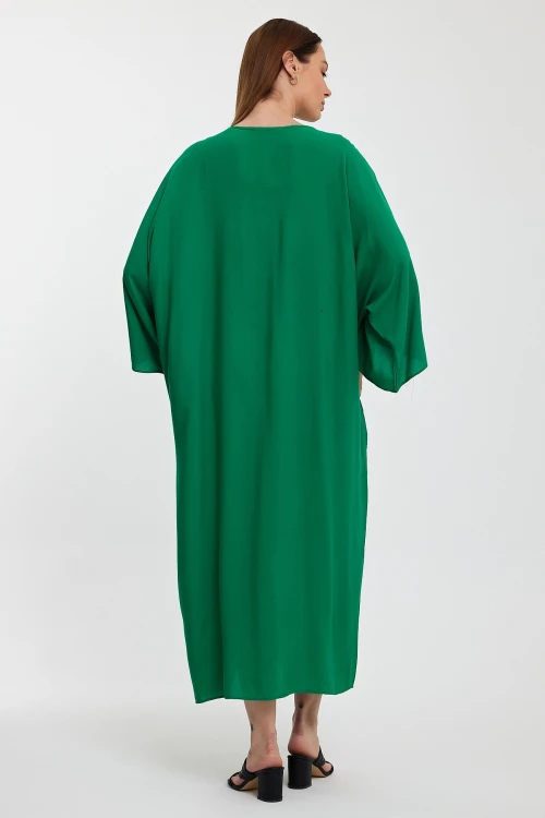 Maxi Boy Yeşil Nakış İşlemeli Renk Bloklu Uzun Boy Dokuma Elbise BCVL-241016