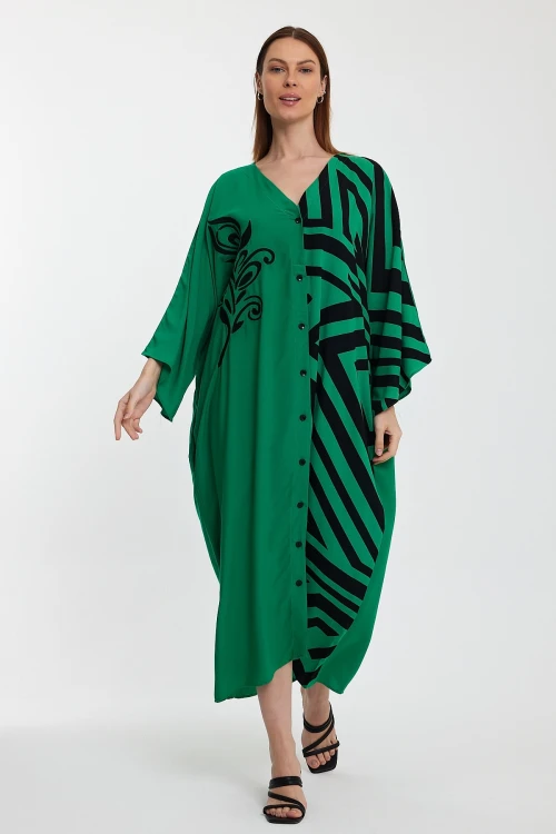 Maxi Boy Yeşil Nakış İşlemeli Renk Bloklu Uzun Boy Dokuma Elbise BCVL-241016