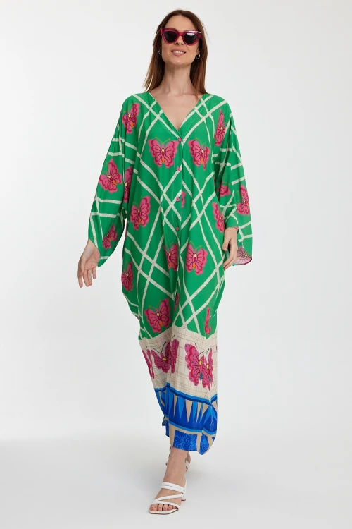 Maxi Boy Yeşil V Yaka Çiçek Desenli Uzun Boy Dokuma Gömlek Elbise BCVL-241032