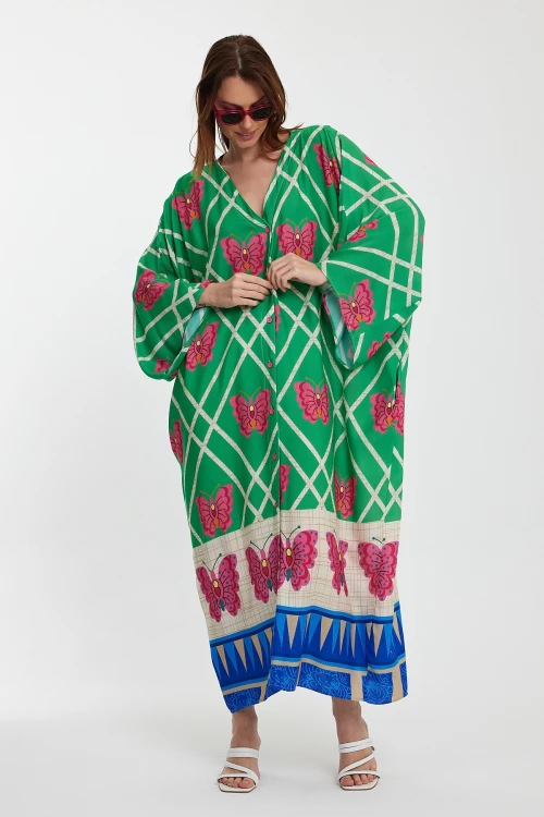 Maxi Boy Yeşil V Yaka Çiçek Desenli Uzun Boy Dokuma Gömlek Elbise BCVL-241032