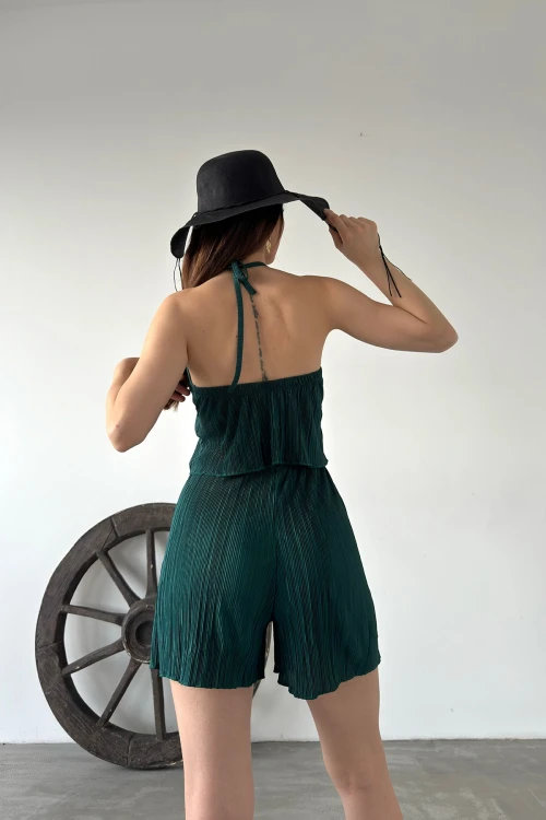 Zümrüt Yeşili Boyundan Bağlamalı Piliseli İkili Takım