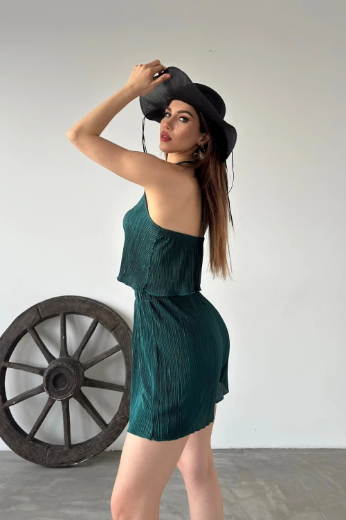 Zümrüt Yeşili Boyundan Bağlamalı Piliseli İkili Takım