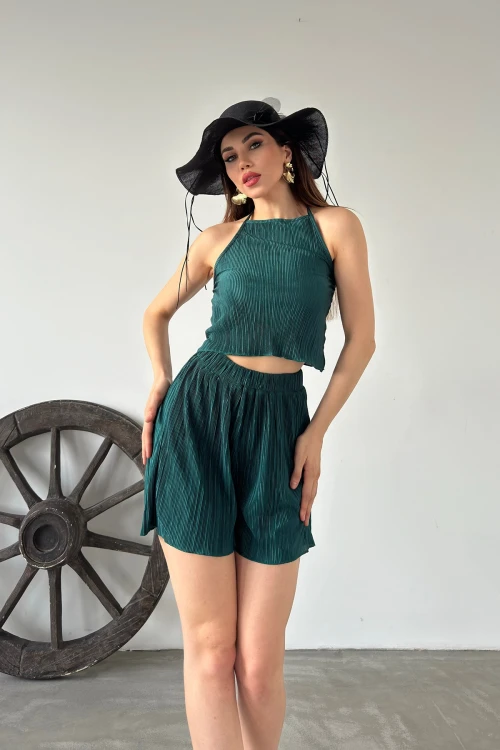 Zümrüt Yeşili Boyundan Bağlamalı Piliseli İkili Takım