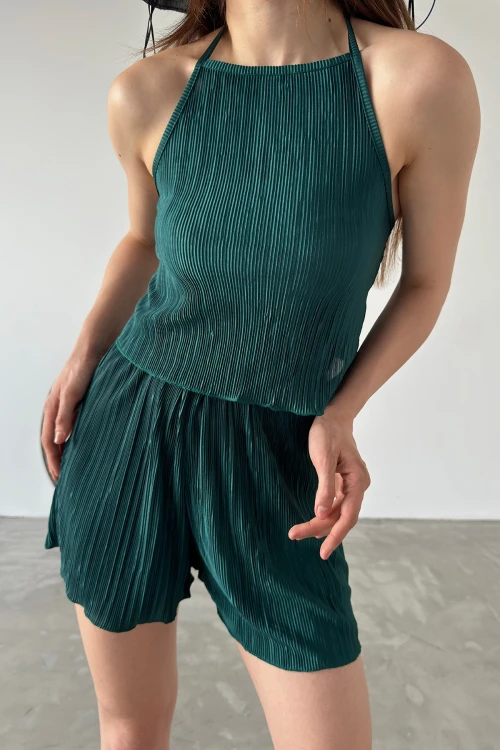 Zümrüt Yeşili Boyundan Bağlamalı Piliseli İkili Takım