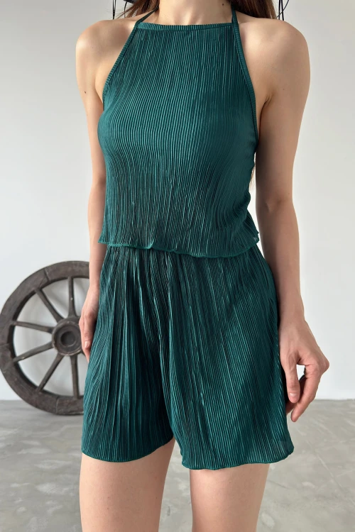 Zümrüt Yeşili Boyundan Bağlamalı Piliseli İkili Takım