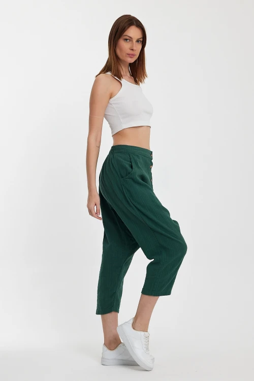 Zümrüt Yeşili Çift Cepli Düğme Detaylı Düşük Ağ Şalvar Pantolon