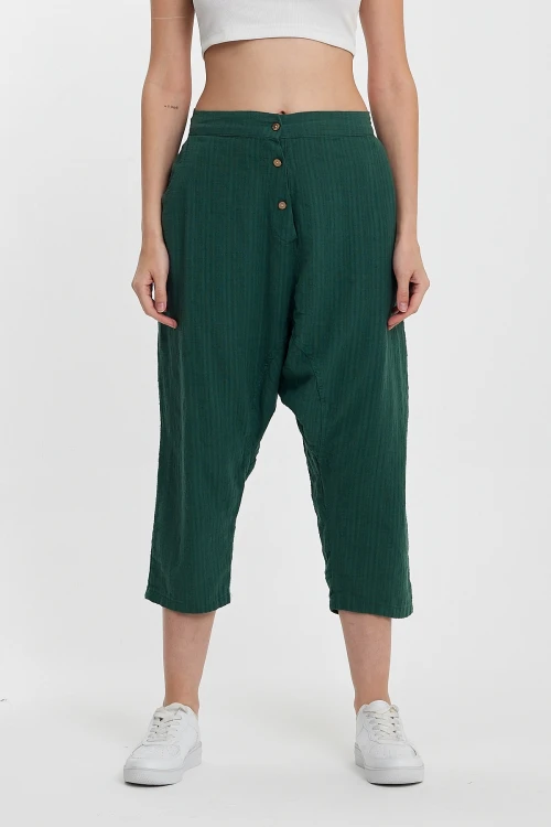 Zümrüt Yeşili Çift Cepli Düğme Detaylı Düşük Ağ Şalvar Pantolon