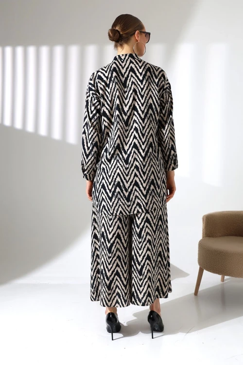 Bej Hakim Yaka Zigzag Desenli Gömlek Ve Pantolon Dokuma Alt Üst Takım BCVL-25V053-1