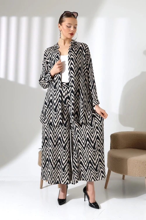 Bej Hakim Yaka Zigzag Desenli Gömlek Ve Pantolon Dokuma Alt Üst Takım BCVL-25V053-1