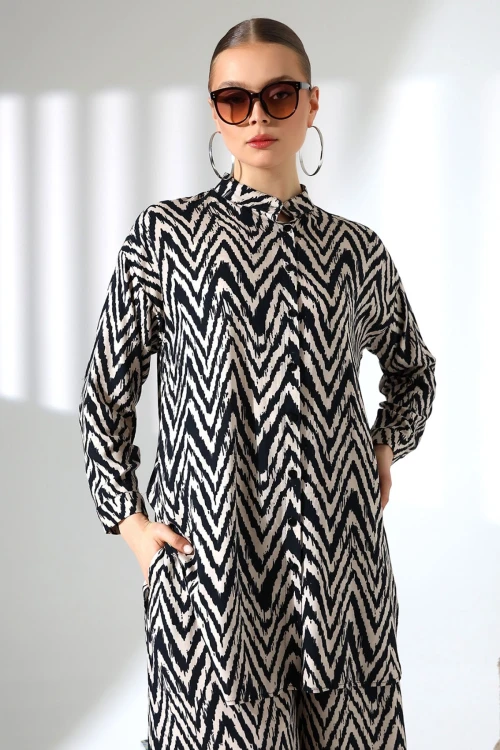 Bej Hakim Yaka Zigzag Desenli Gömlek Ve Pantolon Dokuma Alt Üst Takım BCVL-25V053-1