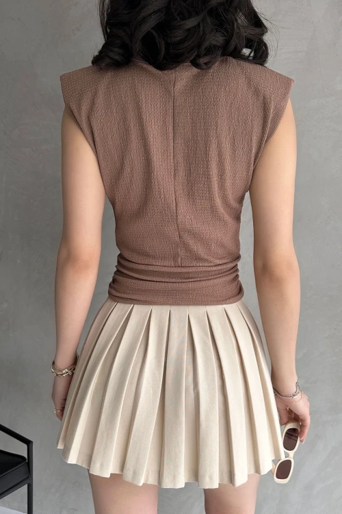 Bej Omuzu Vatkalı Beli Kemerli Bürümcük Bluz BCDF-252164