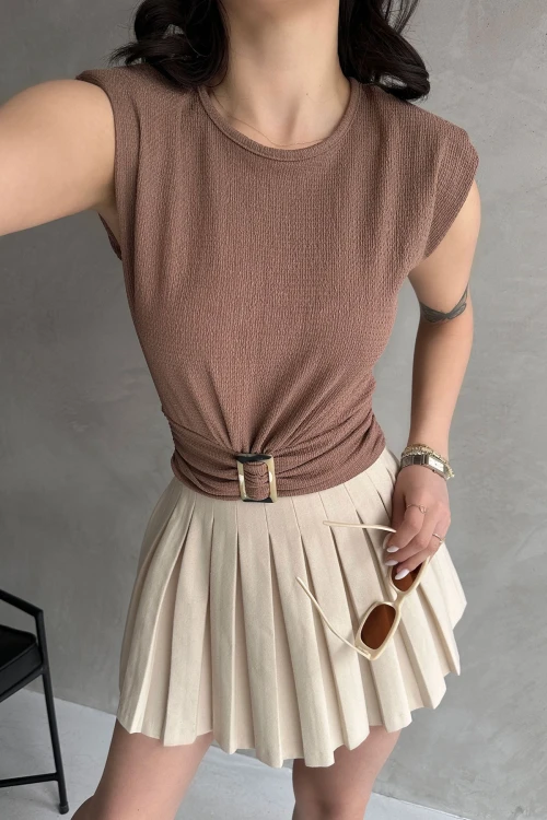 Bej Omuzu Vatkalı Beli Kemerli Bürümcük Bluz BCDF-252164