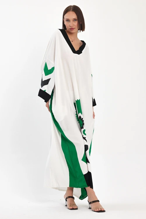 Maxi Boy Beyaz Baskılı Dokuma Viscon Elbise BCVL-251034